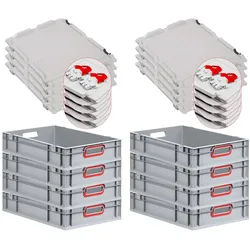 PROREGAL 8x Eurobox NextGen Color mit Scharnierdeckel & Verschlüssen | HxBxT 12x40x60cm | 23 Liter | Griffe rot offen | Glatter Boden