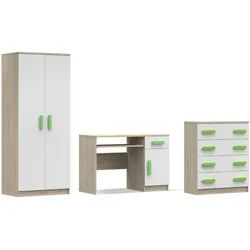 Deine Möbel 24 Kinderzimmer-Set Inge V 3-teilig in Weiß+Sonoma/Grün , Weiß, Sonoma Eiche, Grün , Holzwerkstoff , 270x50x192 cm , Babymöbel & Kindermöbel, Kinderzimmer & Jugendzimmer, komplette Jugendzimmer