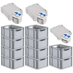PROREGAL 10x Eurobox NextGen Grip mit Scharnierdeckel & blauen Verschlüssen | HxBxT 22x30x40cm | 20 Liter | Griffe offen | Glatter Boden