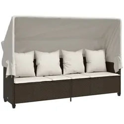 vidaXL Gartenliege, Sonnenliege mit Dach und Kissen Braun Poly Rattan