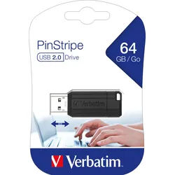 Verbatim USB 2.0 Stick 64GB, PinStripe, schwarz (R) 12MB/s, (W) 5MB/s, Retail-Blister