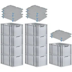 PROREGAL SparSet 10x Eurobox NextGen Grip mit Auflagedeckel & 4 blauen Verschlüssen, HxBxT 32x40x60cm, 65L, Grau, Griffe offen, Eurobehälter
