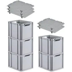 PROREGAL SparSet 5x Eurobox NextGen Grip mit Auflagedeckel & 4 schwarzen Verschlüssen, HxBxT 32x30x40cm, 30L, Grau, Griffe offen, Eurobehälter