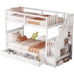 Rutaqian Etagenbett 90/140x200cm Etagenbett, Treppenregal,hohe Geländer, weiß (1-St), ausgestattet mit ausziehbares Rollbett