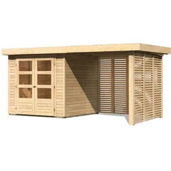 Karibu Gartenhaus Askola 2 mit 240 cm Schleppdach, Seiten- und Rückwand in Lamellenoptik – 19 mm-213 x 217 cm-naturbelassen