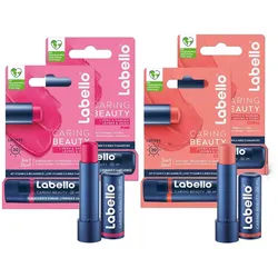 Labello Lippenpflegestift Lippenpflege Set 2x CARING BEAUTY PINK + 2x CORAL, 4-tlg.