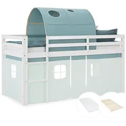 Homestyle4u Hochbett 90/200 cm in weiß mit Matratze + Lattenrost , Mintgrün, Weiß , Textil , 90x200 cm , Babymöbel & Kindermöbel, Kinderzimmer & Jugendzimmer, Kinderbetten, Hochbetten