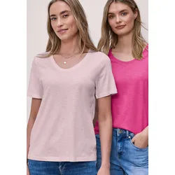 T-Shirt STREET ONE, Damen, Gr. 40, magenta dream, minimal rose, Web, 50% Baumwolle, 50% Modal, unifarben, normal normal, V-Ausschnitt, abgesteppt, Shirts T-Shirt, mit abgerundetem V-Ausschnitt