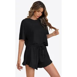 Imily Bela Hausanzug Damen Weich & Atmungsaktiv Pyjama Set 2-teilig (Set, 2 tlg., Hausanzug mit Crop-Top & Rüschen-Shorts) elastischer Taillenbund mit Kordelzug schwarz L(40)