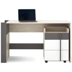 Deine Möbel 24 Kinderschreibtisch Remi 10 130 cm breit mit Container 11 in Eichenweiß / Weiß Matt / Anthrazit , Eichefarben, Weiß, Anthrazit , Holzwerkstoff , 130x76x55 cm , Babymöbel & Kindermöbel, Kinderzimmer & Jugendzimmer, Kinderschreibtische