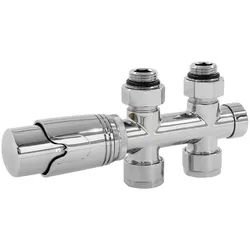 LuxeBath Heizkörperthermostat Ventil-Armaturen Multiblock Mittelanschluss Anschlussgarnitur, Thermostatventil Ventilhahnblock Chrom Durchgangsform + Thermostatkopf silberfarben