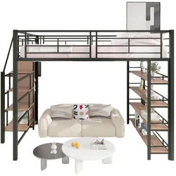 Okwish Hochbett 140/200 cm schwarz mit Stauraumtreppe und hohem Zaun , Schwarz , Metall , 140x200 cm , Babymöbel & Kindermöbel, Kinderzimmer & Jugendzimmer, Kinderbetten, Hochbetten