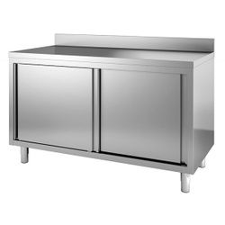 Gastro-Inox Edelstahl Arbeitsschrank mit Schiebetüren, Tiefe 700 , Hoher Edelstahlschrank mit verstellbaren runden Beine in die Höhe, Maße: (L x T x H) 1400 x 700 x 880 mm, mit Aufkantung