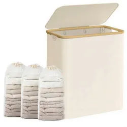 Boxxx Wäschekorb , Weiß, Beige , Metall, Kunststoff, Textil, Naturmaterialien , Lederlook , 150 l , rechteckig , 60x70.5x38.5 cm , Tragegriffe, Deckel, zusammenfaltbar , Haushalt & Reinigung, Wäschepflege, Wäschekörbe & Wäschetonnen
