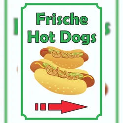 HB-Druck Frische Hot Dogs Schild Hochkant mit Pfeil rechts A3 Rückseite selbstklebend