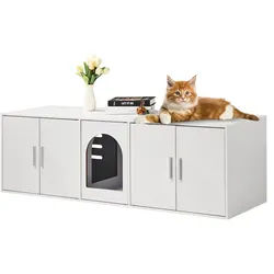 VEVOR Katzentoilettengehäuse für 2 Katzen, Katzentoilettenmöbel versteckt mit Doppelzimmern, Katzentoilettenschrank aus Holz passt in die meisten Katzentoiletten, 57,9"L x 18,3"B x 17,9"H, weiß