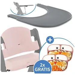Hauck Hochstuhltablett Grey Muslin Rose, Kunststoff, Essbrett-Set für Alpha Plus - Click Tray, Sitzkissen & Silikon-Teller