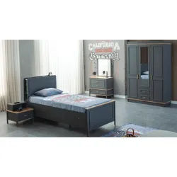 JVmoebel Jugendzimmer-Set Grau Holz Kinderbett mit Nachttisch, Kleiderschrank und Kommode, (5-tlg., Kinderbett, Nachttisch, Kleiderschrank, Kommode, Spiegel), Made in Europa grau