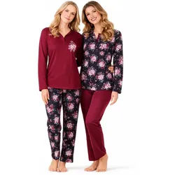Consult-Tex Pyjama Damen 2er Pack Langarm Pyjama Schlafanzug mit Knopfleiste,Baumwolle (Spar-Set, 2 Stück) aus reiner Baumwolle-Jerse Qualität rot 50/52