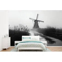 MuchoWow Fototapete Mühle - Spiegelung - Landschaft - Wasser, Matt, bedruckt, Wallpaper für Wohnzimmer, Schlafzimmer, Vinyl Tapete, 330x220 cm 3.3 m x 2 m