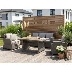 KONIFERA Gartenlounge-Set Siros, (Set, 12-tlg., 1x 3er Sofa, 2x Sessel, 1x Tisch 135x82x65cm, inkl. Auflagen), Polyrattan, Stahl, Tischplatte aus Nonwood, geeignet für 5 Personen beige|braun