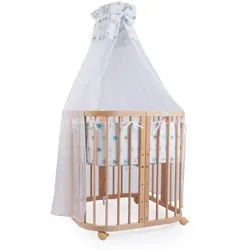 waldin Babybett Natur, 7in1 mit Matratze , Naturfarben, Hellblau , Holz , Echtholz,Buche , Oval , 73x123 cm , FSC 100% , Babymöbel & Kindermöbel, Babyzimmer, Babybetten, Gitterbetten