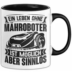 Trendation Tasse Rasenmähroboter Tasse Geschenk Rasenmäher Hobbygärtner Rasen Mährobote schwarz