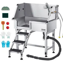 VEVOR Hundewaschstation aus Edelstahl, 870x488x1025 mm Tierpflegewanne mit Ablagetreppe, Wasserhahn, Duschkopf & Seifenhalter, Hundebadewanne, für mittelgroße & kleine Haustiere (linke Tür)