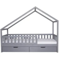 Ticaa Hausbett Lou mit Rausfallschutz und Schubkasten aus Kiefer, - Hausbett mit abnehmbaren Dachaufbau - Inkl. Rollrost grau 140 cm x 200 cm x 163 cm