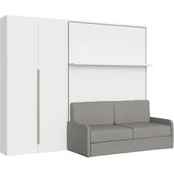 Vertikales Klappdoppelbett Versia Sofà 160 mit Sofa, Regal und linkem Kleiderschrank mit 2 Türen. Weiß