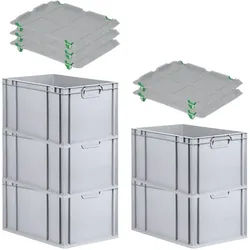 PROREGAL SparSet 5x Eurobox NextGen Grip mit Auflagedeckel & 4 grünen Verschlüssen, HxBxT 32x40x60cm, 65L, Grau, Griffe zu, Eurobehälter