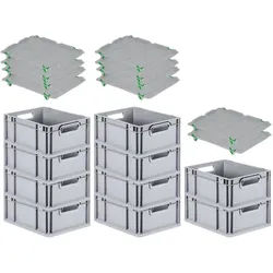 PROREGAL SuperSparSet 10x Eurobox NextGen Grip mit Auflagedeckel & 4 grünen Verschlüssen, HxBxT 17x30x40cm, 16L, Grau, Griffe offen, Eurobehälter