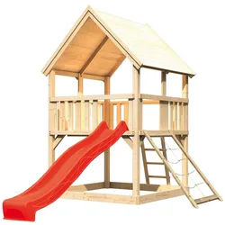 Akubi Kinderspielturm Luis mit Wellenrutsche und Netzrampe rot