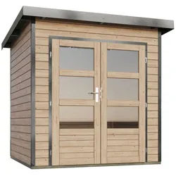 Karibu Metall-Holzgartenhaus Hybridhaus Pluto 1 A - 28 mm -204 x 204 cm- Holz-Ausführung: naturbelassen Blech-Ausführung: graualuminium