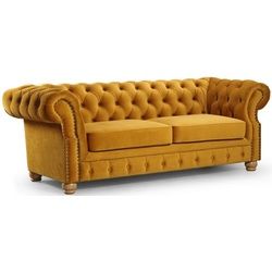 Casa Padrino Chesterfield-Sofa Luxus Chesterfield 3er Sofa Ocker / Hellbraun 217 x 93 x H. 77 cm - Chesterfield Wohnzimmer Sofa - Chesterfield Wohnzimmer Möbel