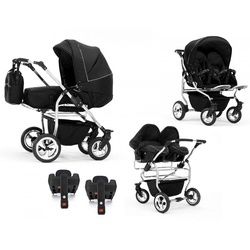 BabyMerc Zwillings-Kombikinderwagen Duo 5 in 1 inkl. Sportsitze, Autositze und Isos in 20 Farben schwarz