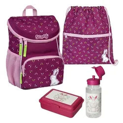Scooli Kinderrucksack Mini-Me Rosie Rabbit (Set, inkl. Turnbeutel, Brotdose und Trinkflasche), Mädchen Rucksack Set in Violett / Lila mit niedlichem Hase
