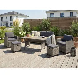 Gartenlounge-Set KONIFERA "Amsterdam", grau (anthrazit), Polyrattan, Sitzmöbel-Sets, Gartenmöbel-Set, Stahl, Ablagefläche unter dem Tisch, Loungeset, Topseller