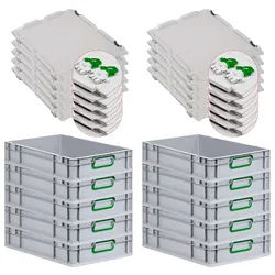 PROREGAL 10x Eurobox NextGen Color mit Scharnierdeckel & Verschlüssen | HxBxT 12x40x60cm | 23 Liter | Griffe grün geschlossen | Glatter Boden