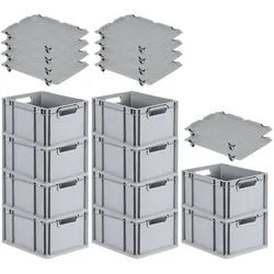 PROREGAL SparSet 10x Eurobox NextGen Grip mit Auflagedeckel & 4 schwarzen Verschlüssen, HxBxT 22x30x40cm, 20L, Grau, Griffe offen, Eurobehälter