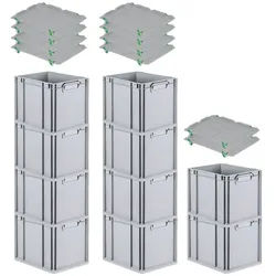 PROREGAL SparSet 10x Eurobox NextGen Grip mit Auflagedeckel & 4 grünen Verschlüssen, HxBxT 32x30x40cm, 30L, Grau, Griffe zu, Eurobehälter