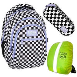 GOLDKIDS Schulranzen für Jungen und Mädchen, 3er-Set - (Schul-Rucksack für, Kinder mit Schlampermäppchen), Regenschutz - Schachbrettmuster lila|schwarz