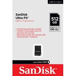 Sandisk USB 3.1 Stick 512GB, Ultra Fit Typ-A, (R) 130MB/s, (W) 60MB/s, AES-128-Bit, Retail-Blister