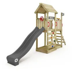 Wickey Spielturm JoyFlyer – Garten-Klettergerüst mit Wellenrutsche & Sandkasten, 10-Jahre Garantie*, Kletterwand mit Klettersteinen schwarz