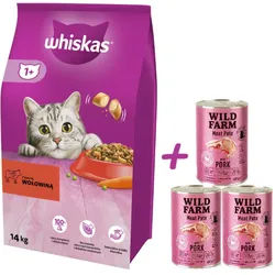 WHISKAS Adult 14 kg - Trockenfutter für ausgewachsene Katzen, mit leckerem Rindfleisch + WILD FARM Pate Pork 3x400g