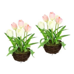 Kunstblume Gesteck Tulpe im Weidenest 2er Set 20cm Tulpe, I.GE.A., Höhe 20 cm, Kunstblume Blumen Frühjahrsdeko Osterdeko Seidenblume Zimmerpflanze rosa