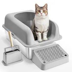 VEVOR Katzentoilette, 6 Zoll tief, XL extragroße Katzentoilette aus Edelstahl mit Schaufel, breitem Filter-Fußteil und hohen Seiten, geschlossene, geruchsfreie, leicht zu reinigende Katzentoilette, geeignet für große Katzen