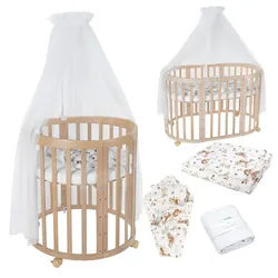 waldin Babybett Natur Oval 7in1 mit Matratze und Himmelset , Naturfarben, Multicolor , Textil , Echtholz,Buche , Oval , 73x125 cm , FSC 100% , Babymöbel & Kindermöbel, Babyzimmer, Babybetten, Gitterbetten