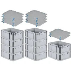 PROREGAL SuperSparSet 10x Eurobox NextGen Grip mit Auflagedeckel & 4 blauen Verschlüssen, HxBxT 17x30x40cm, 16L, Grau, Griffe zu, Eurobehälter