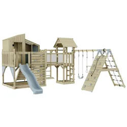 OutdoorToys Spielturm Gustav, aus Holz in Eisblau mit Trapezschaukel mit Rutsche, Kletterwand blau